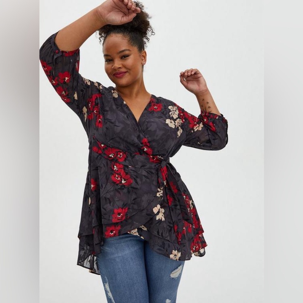 Torrid Dark Slate Grey Clip Floral Hi-Lo Wrap Blouse with Tulip Hem - 2|2X|18/20